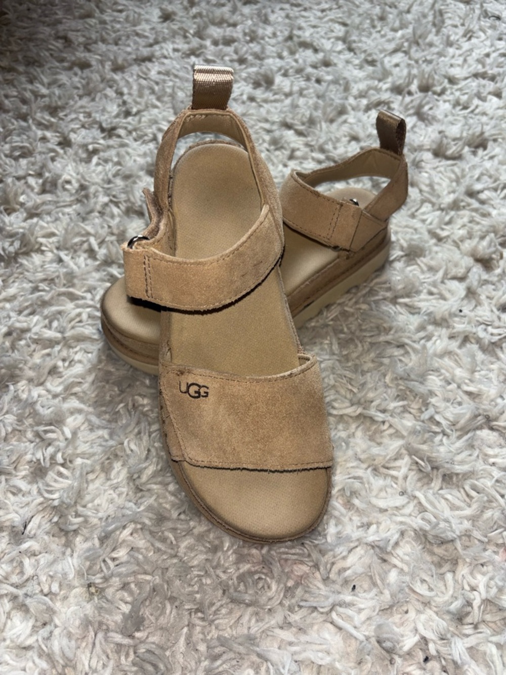 UGG Beige Suede Two-Strap Platform Sandals